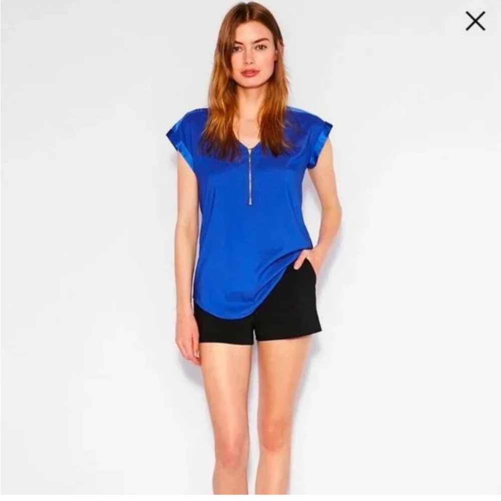 ⚡️205 Express Design Studio Cobalt Blue Zip-Front Silky Blouse Short Sleeve XS